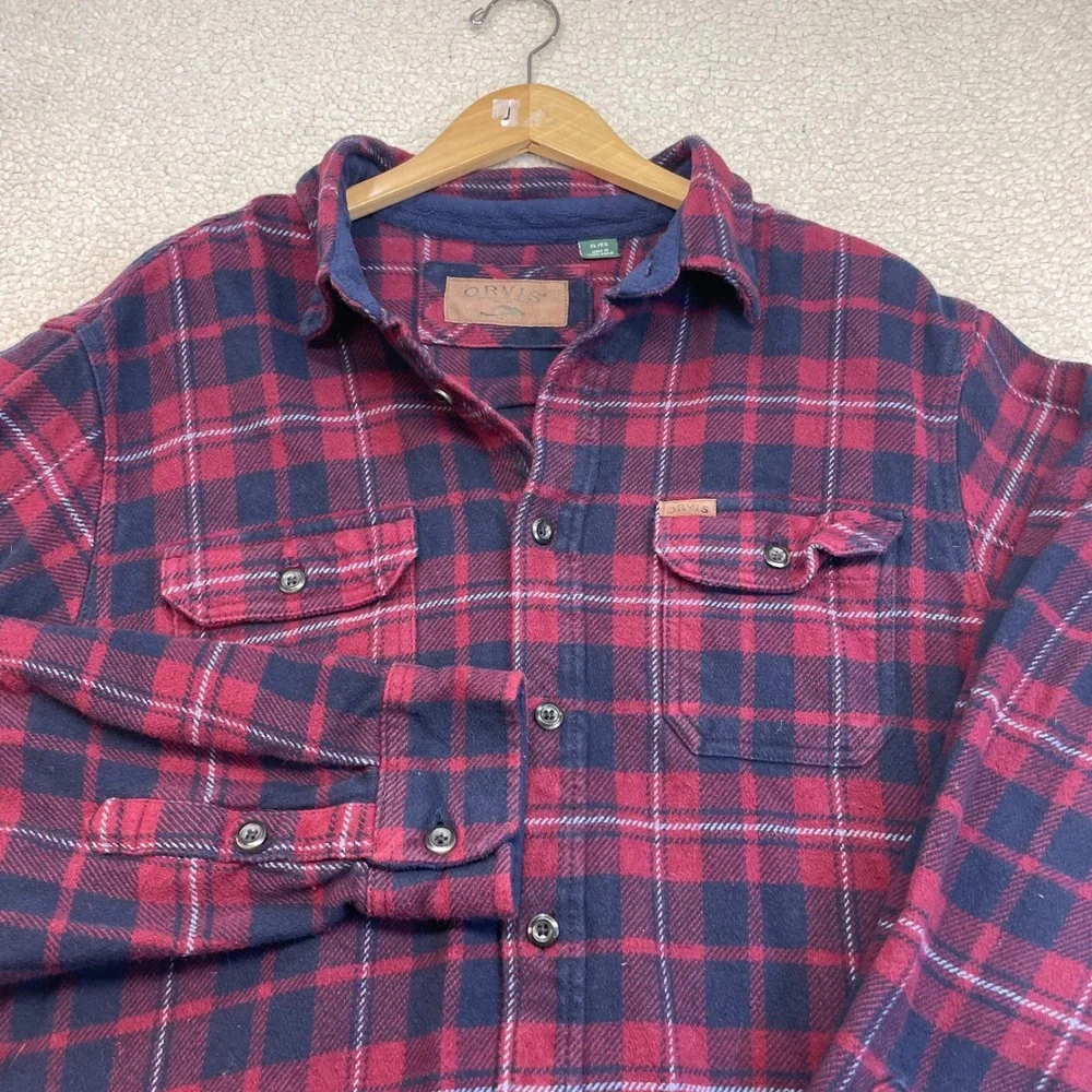 Orvis Shacket Mens XL Red Blue Plaid Fleece Lined Heavyweight Flannel 1312517